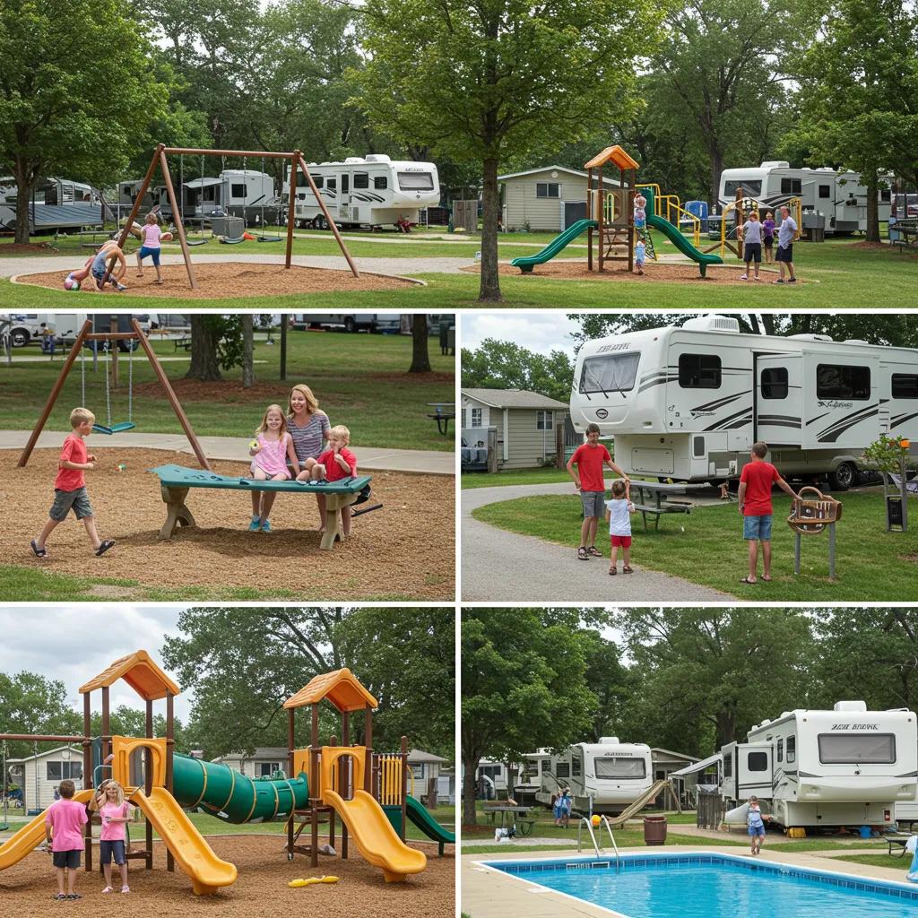 Families enjoying a private campground's amenities, including a playground and swimming pool