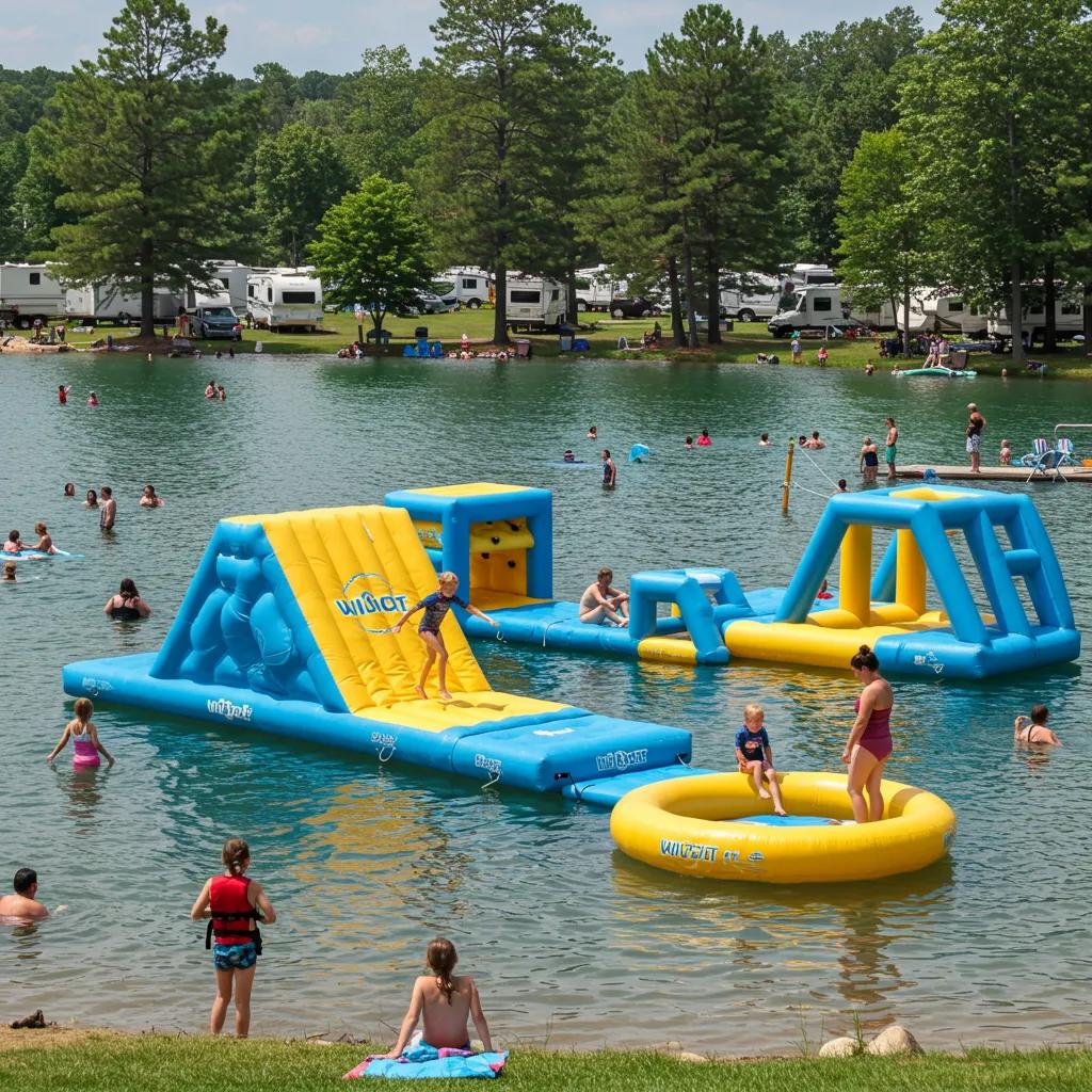 Families enjoying amenities at Walnut Hills, highlighting the Wibit water park and swimming lake