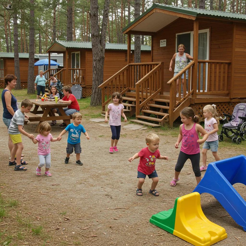 Families enjoying community activities at a campground, highlighting social interactions and outdoor fun