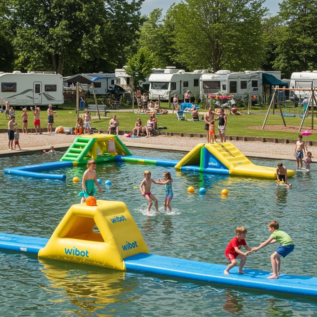 Families enjoying diverse activities at Walnut Hills campground, including water play and playground fun