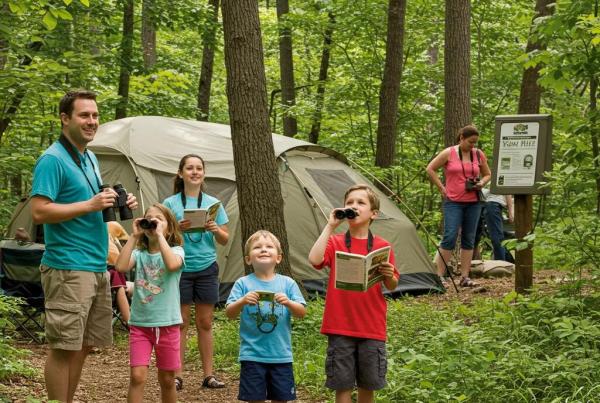 Families enjoying guided nature tours in a Michigan campground, highlighting outdoor education and wildlife observation