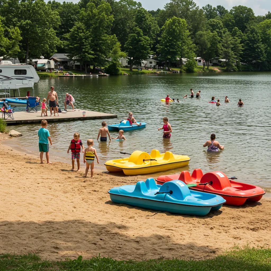 Families enjoying lakefront amenities at an Ohio campground with water activities