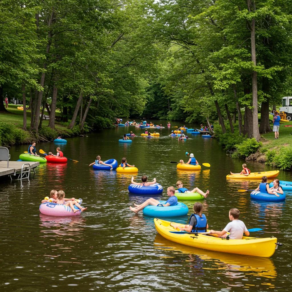 Families enjoying lakeside activities including river float trips and water play