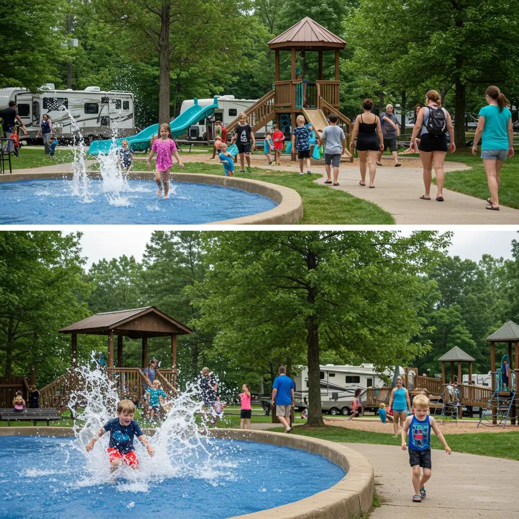 Families enjoying outdoor activities at a Michigan campground, including water play and hiking