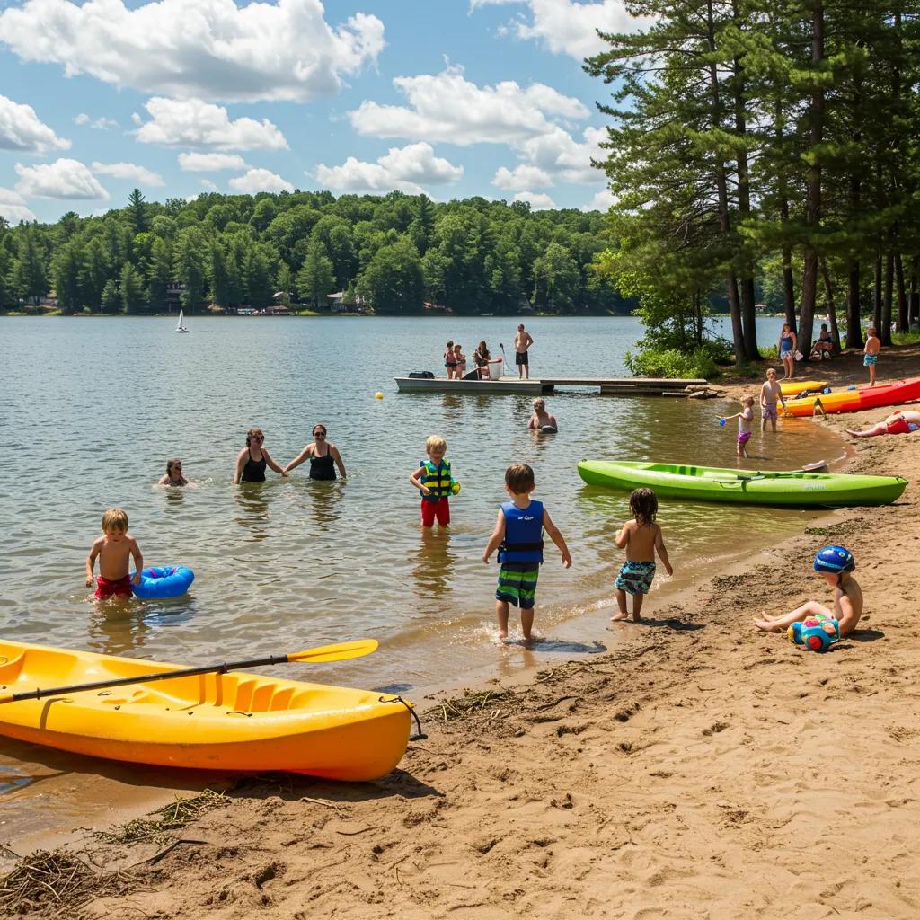 Families enjoying outdoor activities at Camp Dearborn, highlighting swimming and kayaking in a lakeside setting