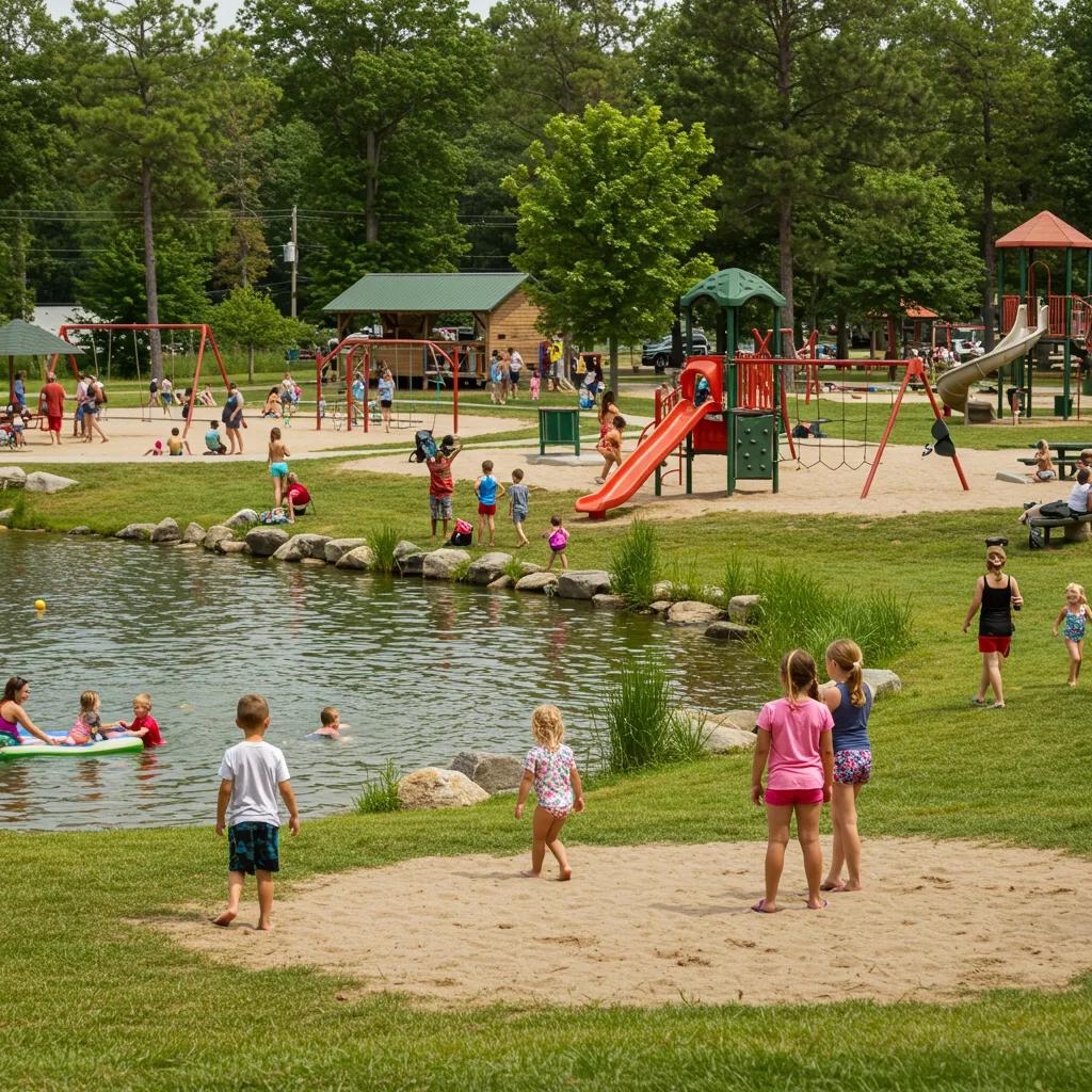 Families enjoying outdoor activities at Camp Dearborn, highlighting swimming, playgrounds, and sports