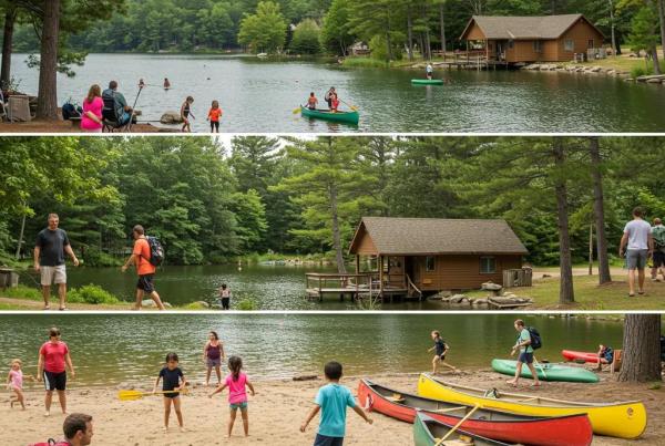 Families enjoying outdoor activities at Camp Dearborn, showcasing beach fun, canoeing, and hiking