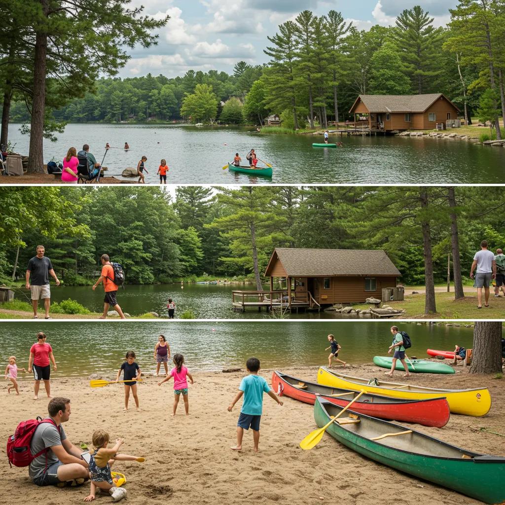 Families enjoying outdoor activities at Camp Dearborn, showcasing beach fun, canoeing, and hiking