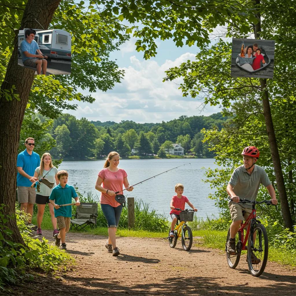 Families engaging in outdoor pursuits like hiking, fishing, and biking amidst the beautiful scenery of Northern Michigan.