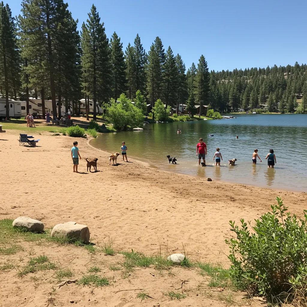 Families enjoying Ridge Ranch Campground with their dogs near the lake