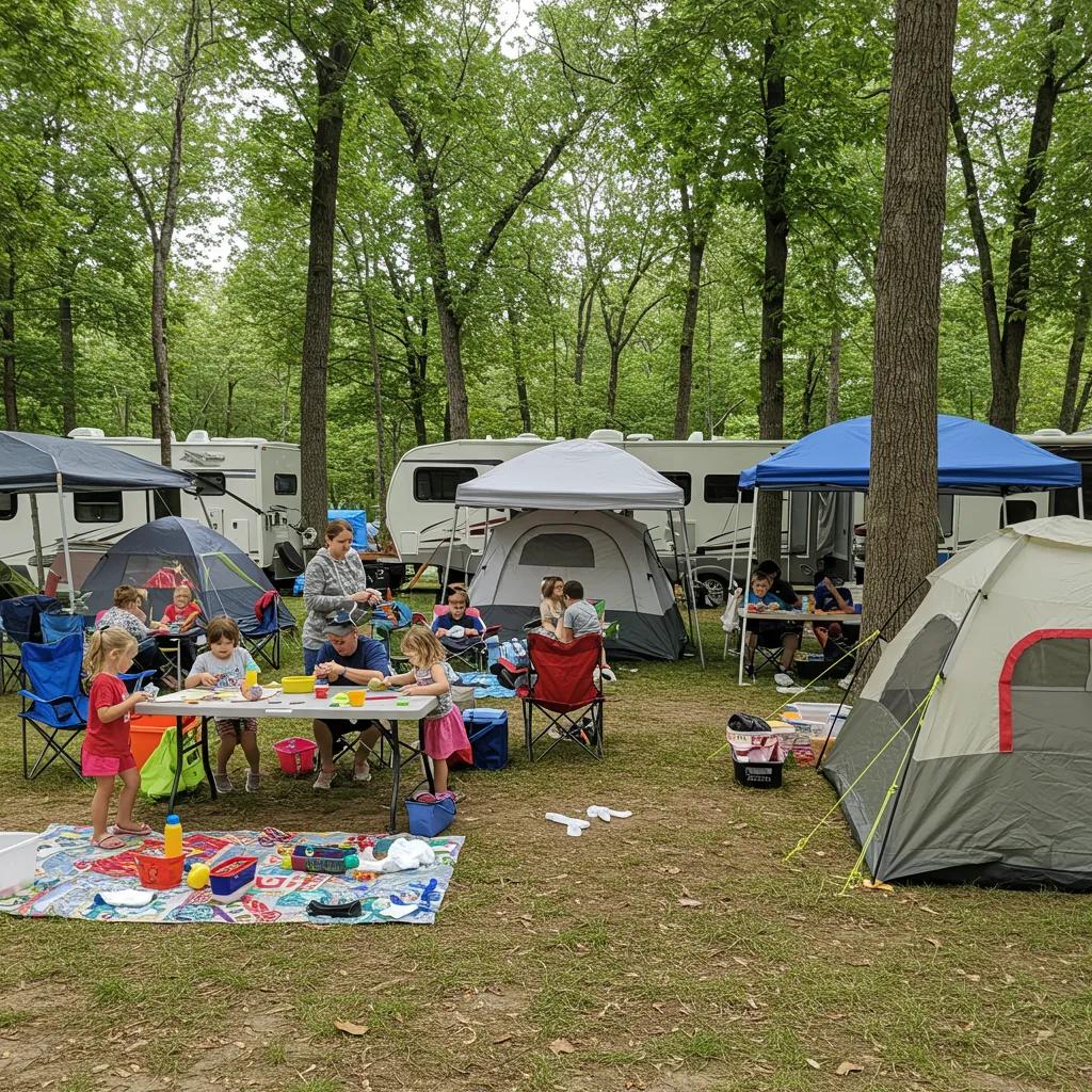 Families enjoying seasonal activities at a Michigan campground, highlighting outdoor fun and engagement