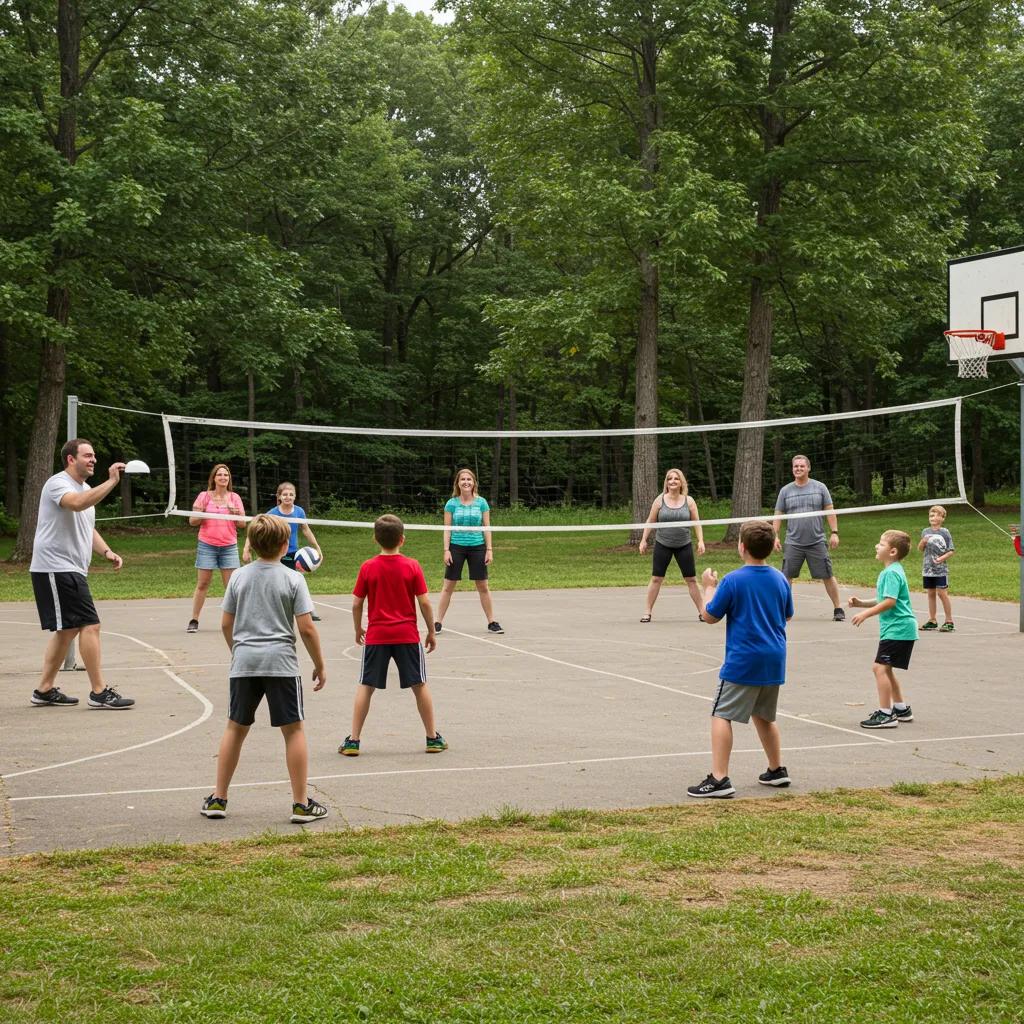 Families enjoying sports activities at Camp Dearborn, featuring volleyball and basketball games