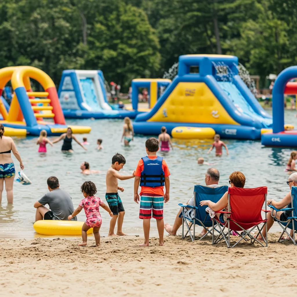 Families enjoying summer activities at Camp Dearborn with water attractions and beach fun