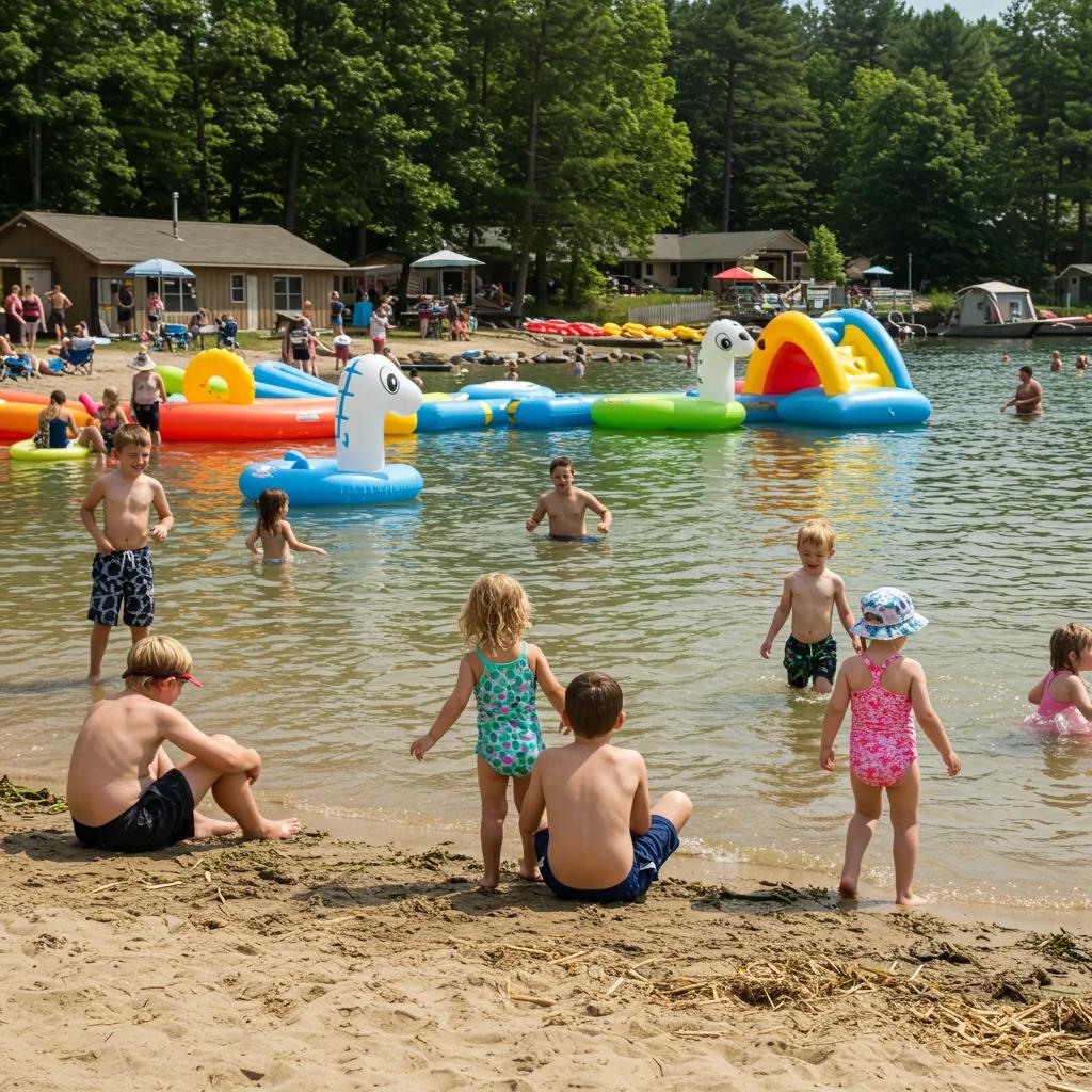 Families enjoying summer activities at Camp Dearborn with water play and beach relaxation