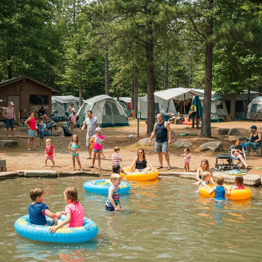 Families enjoying summer activities at Camp Dearborn with water play and camping scenery