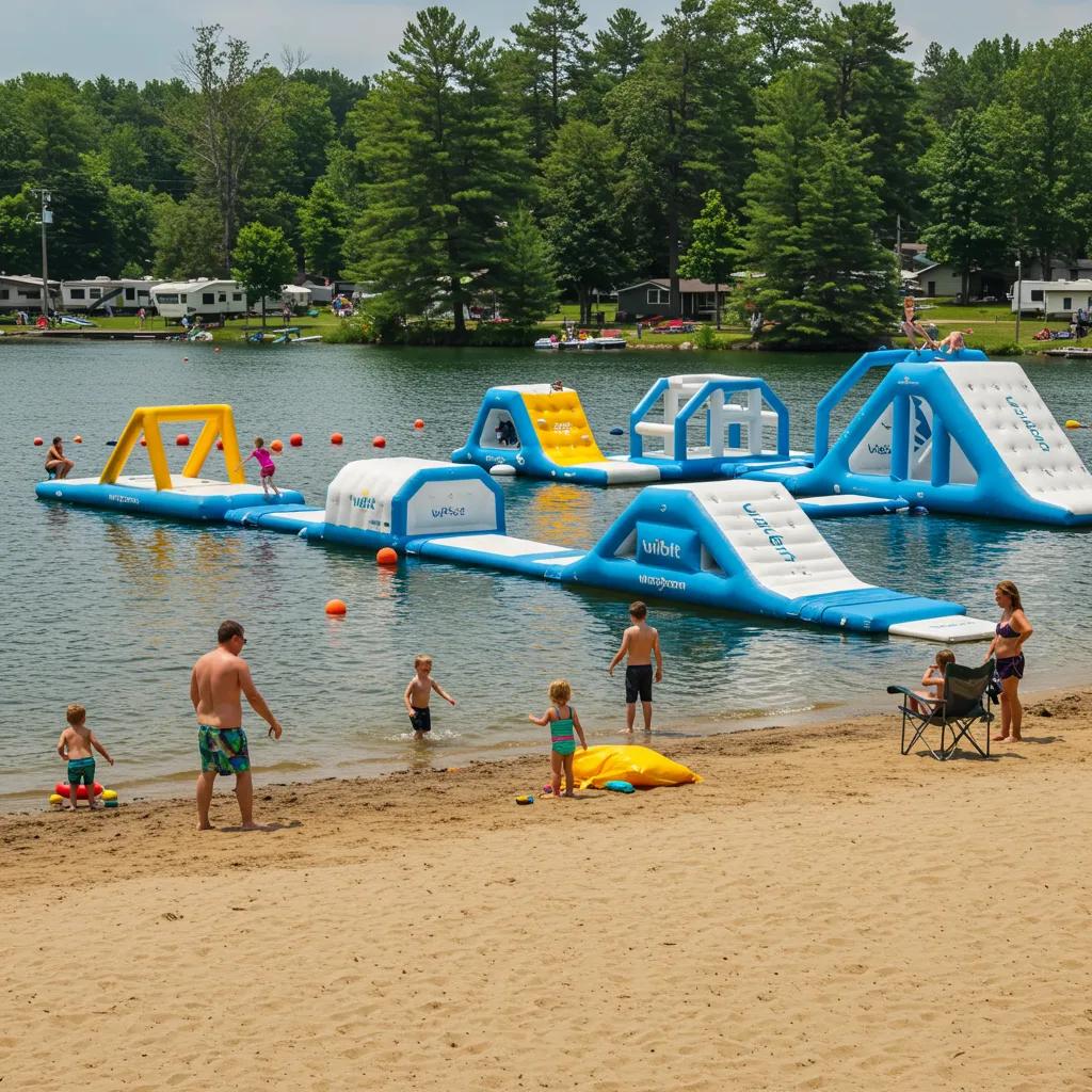 Families having a blast at the Wibit water park and beach at Walnut Hills Family Campground