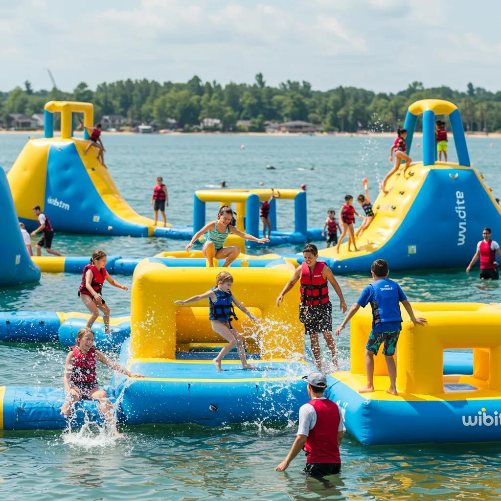 Families having a blast on the Wibit water park's inflatable obstacle courses