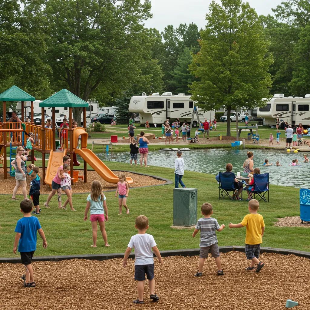 Families enjoying various activities at a Michigan RV park including playgrounds and swimming