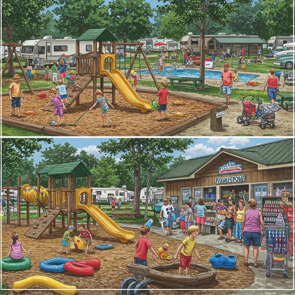 Families enjoying a variety of amenities at a Michigan RV campground, including playgrounds, swimming areas, and a convenient store