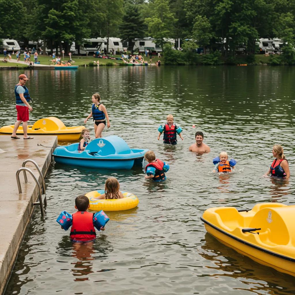 A family laughing while splashing and playing in the water at a campground lake, showcasing the joy and safety of water activities