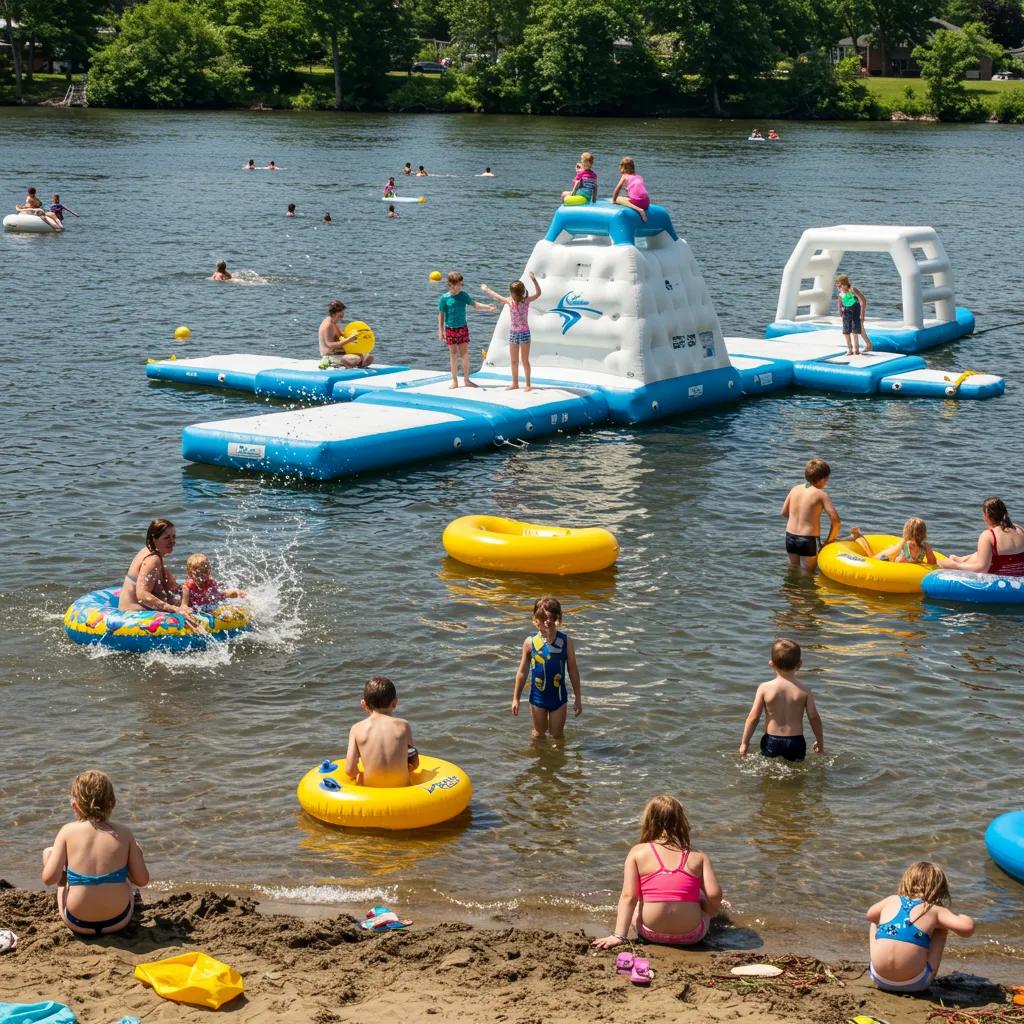 Families enjoying water activities at a Michigan lake, highlighting fun and recreation