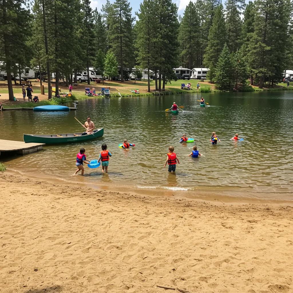 Families enjoying water activities at Ridge Ranch Campground, including swimming and canoeing