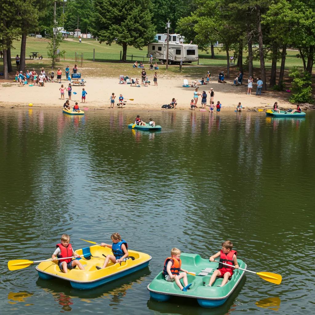 Families enjoying water activities at Ridge Ranch Campground's lake with sandy beach and paddleboats