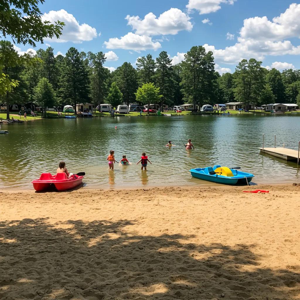 Families enjoying water activities at Ridge Ranch's private lake, enhancing their camping experience
