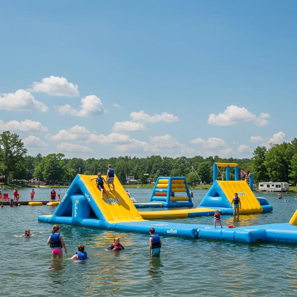 Families having a blast at Walnut Hills Family Campground's Wibit water park and swimming lake