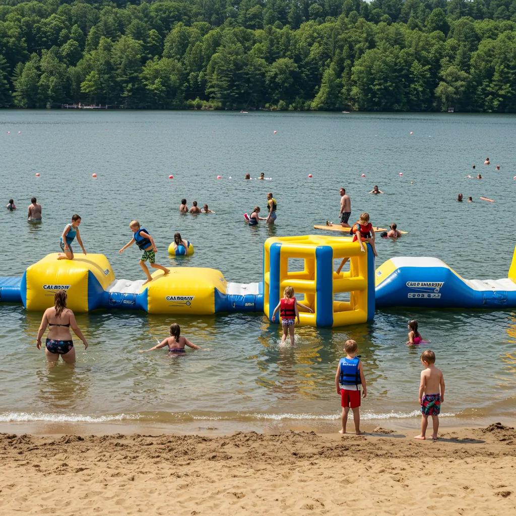 Families enjoying water-based attractions at Camp Dearborn with inflatable obstacle course