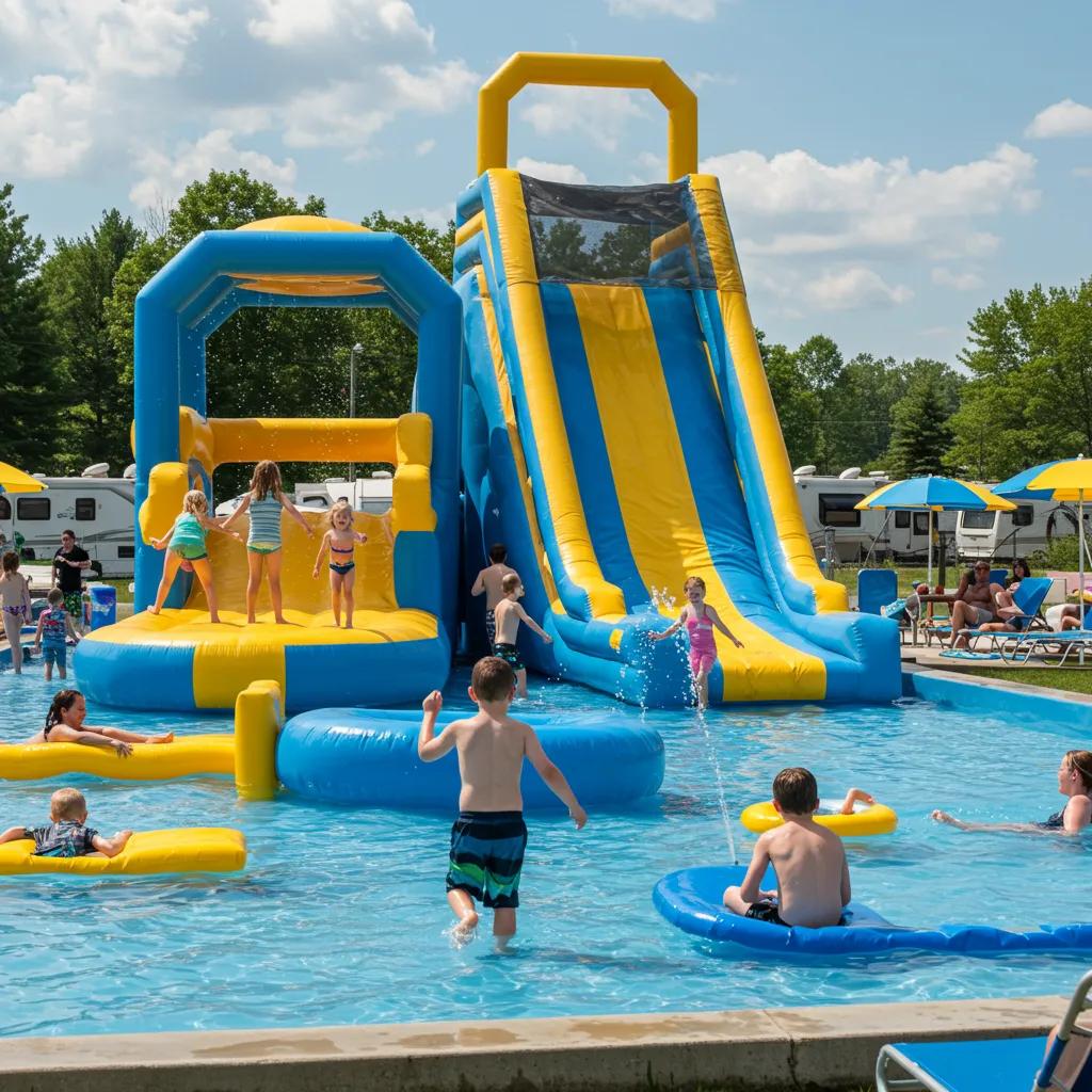 Families enjoying water park amenities at a Michigan campground