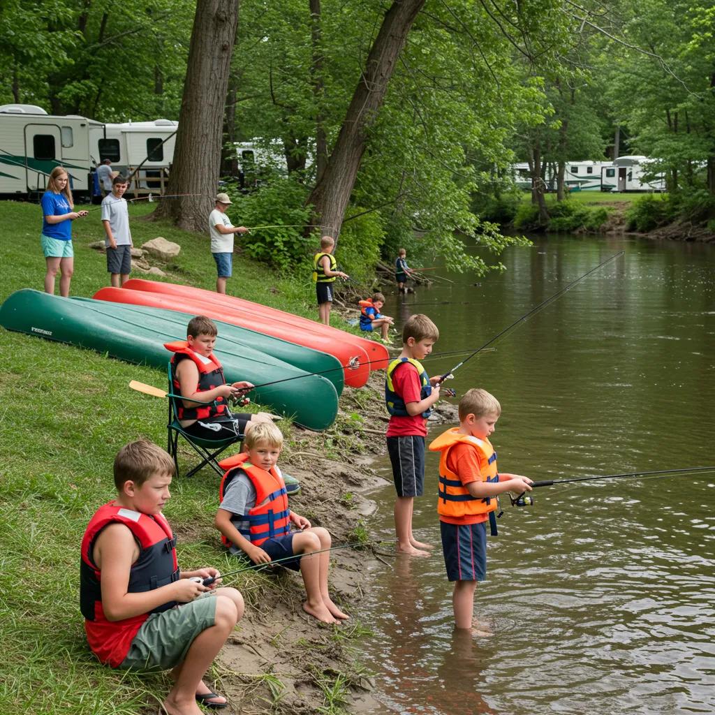 Families fishing at Walnut Hills Campground on the Shiawassee River with canoes