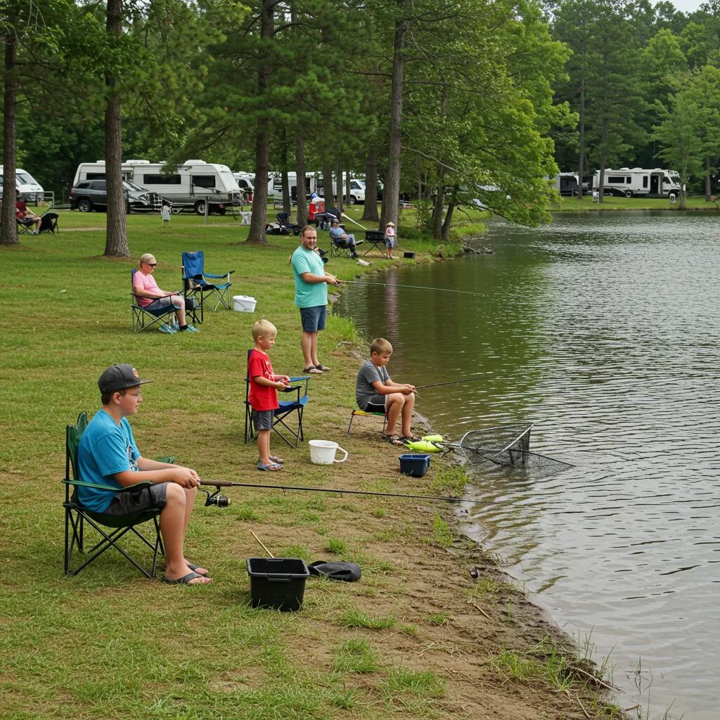 Families fishing from the shore at The Oaks Campground's on-premise lake