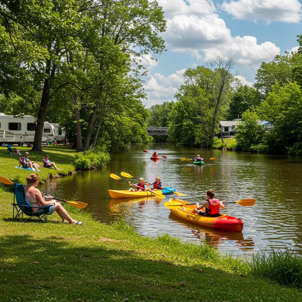Families kayaking on the Shiawassee River, enjoying outdoor activities during seasonal camping