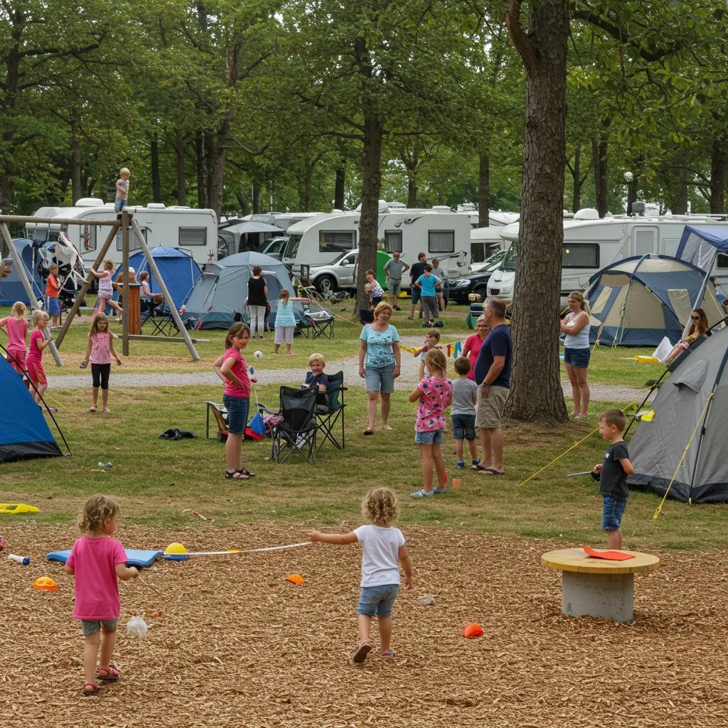 Families participating in activities and events at a Michigan campground, showcasing community engagement and fun