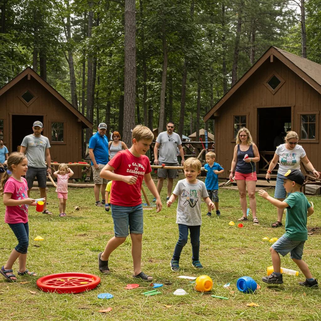 A group of families enjoying a lively event at Camp Dearborn, highlighting the engaging programming and activities.