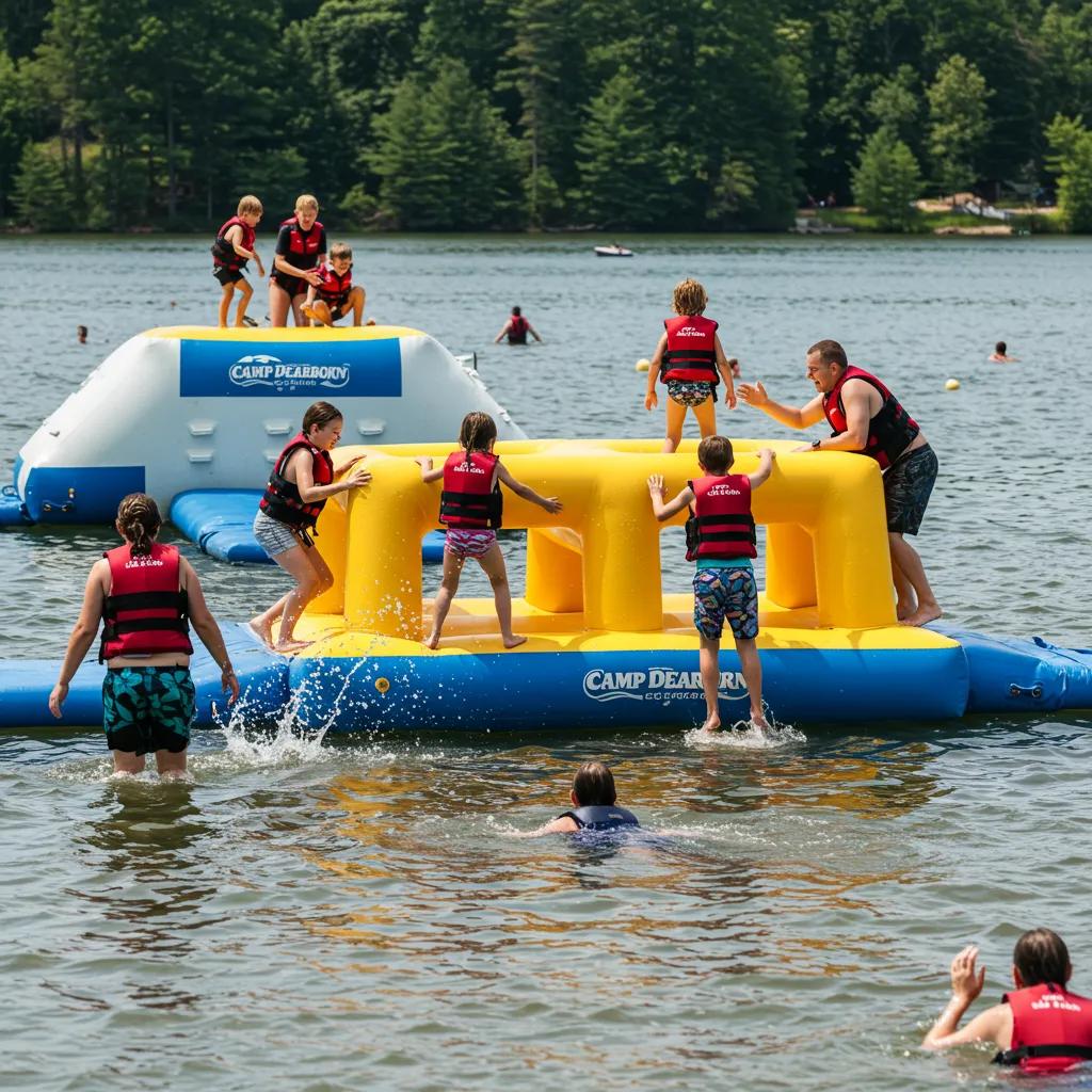 Families participating in water activities at Camp Dearborn, highlighting inflatable obstacles and swimming