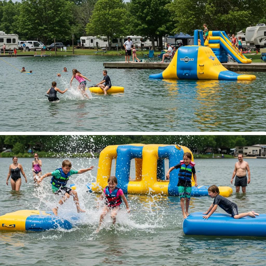 Families participating in water activities at Walnut Hills, showcasing inflatable obstacles and swimming areas