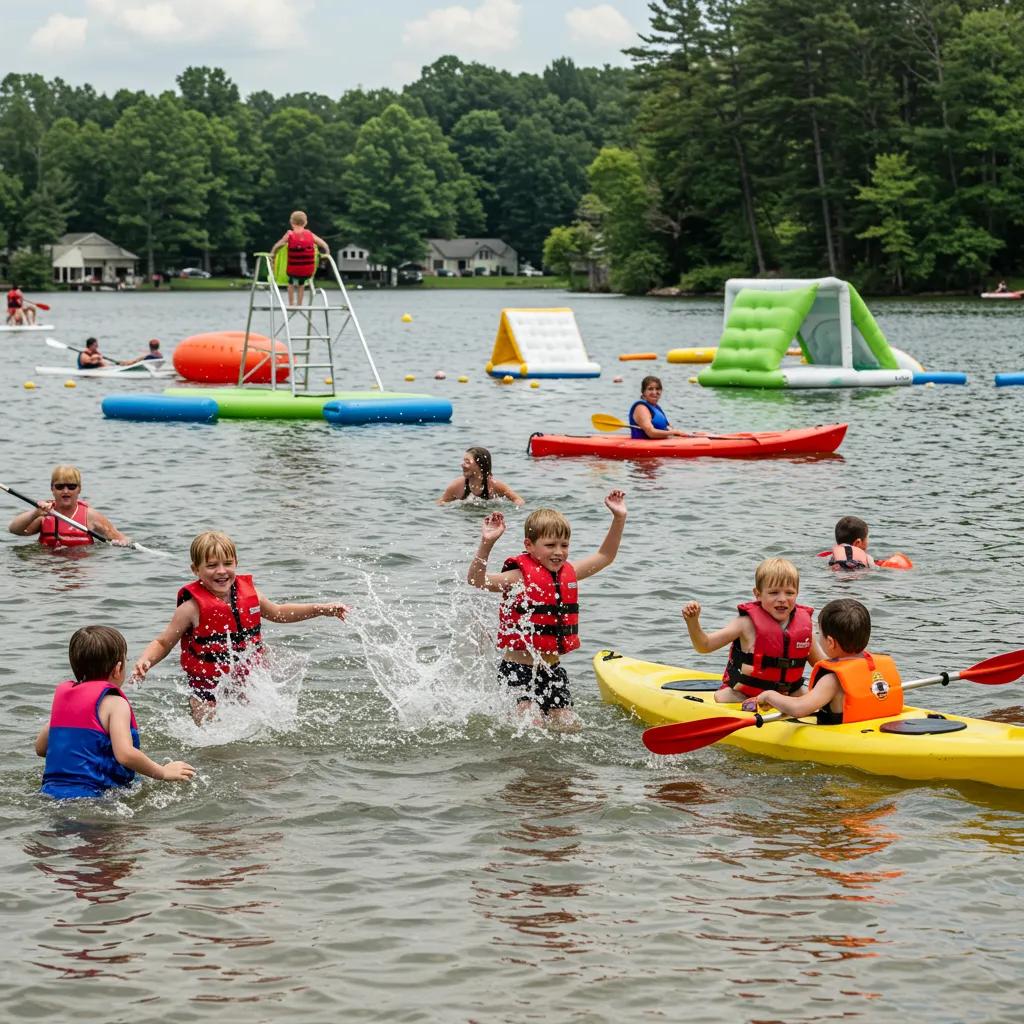 Families swimming and enjoying water sports at Camp Dearborn, highlighting safety and fun