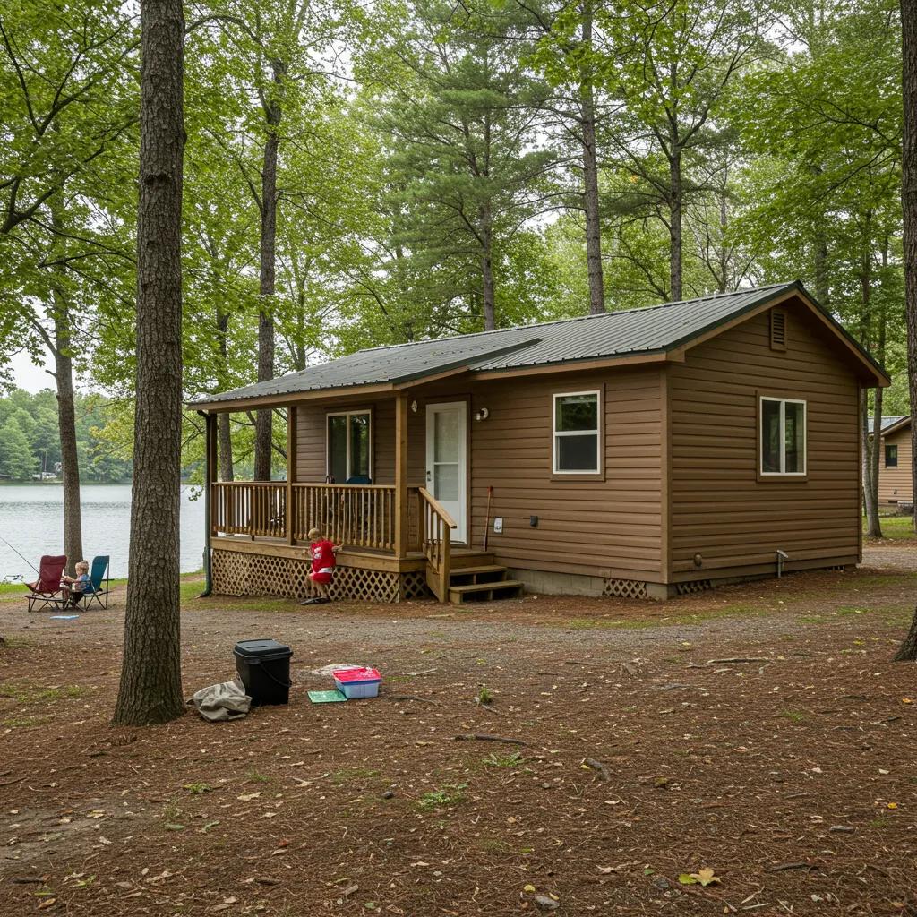 Family cabin in a campground with outdoor activities, showcasing comfort and nature