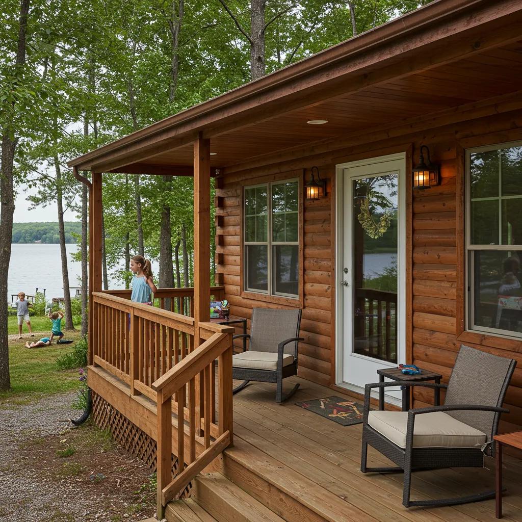 Family cabin in Michigan with children playing outside, highlighting family-friendly vacation vibes