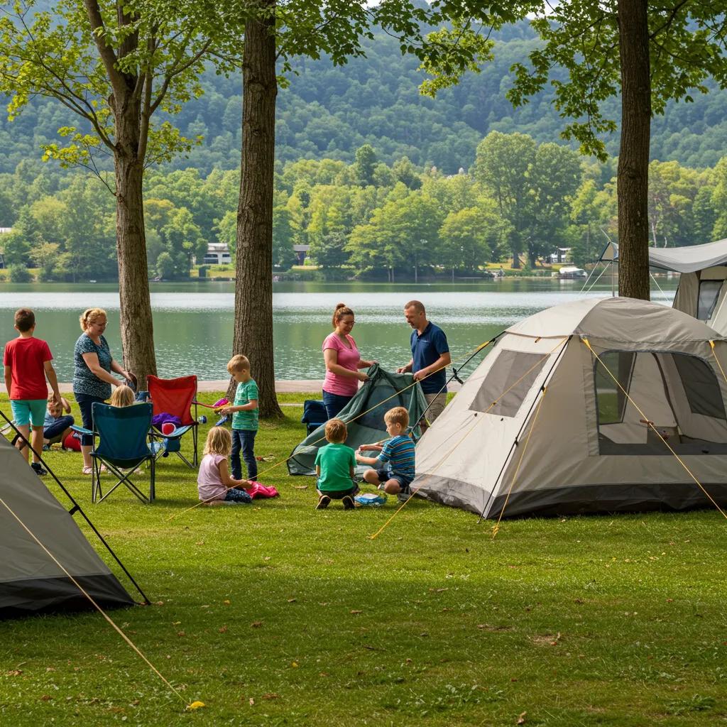 Family camping at a lakeside campground with children playing and a tent setup