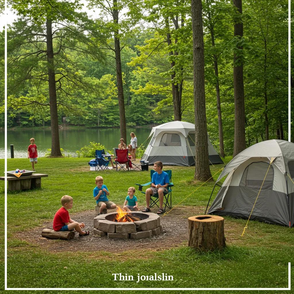Family camping at a scenic Ohio campground with a tent and lake