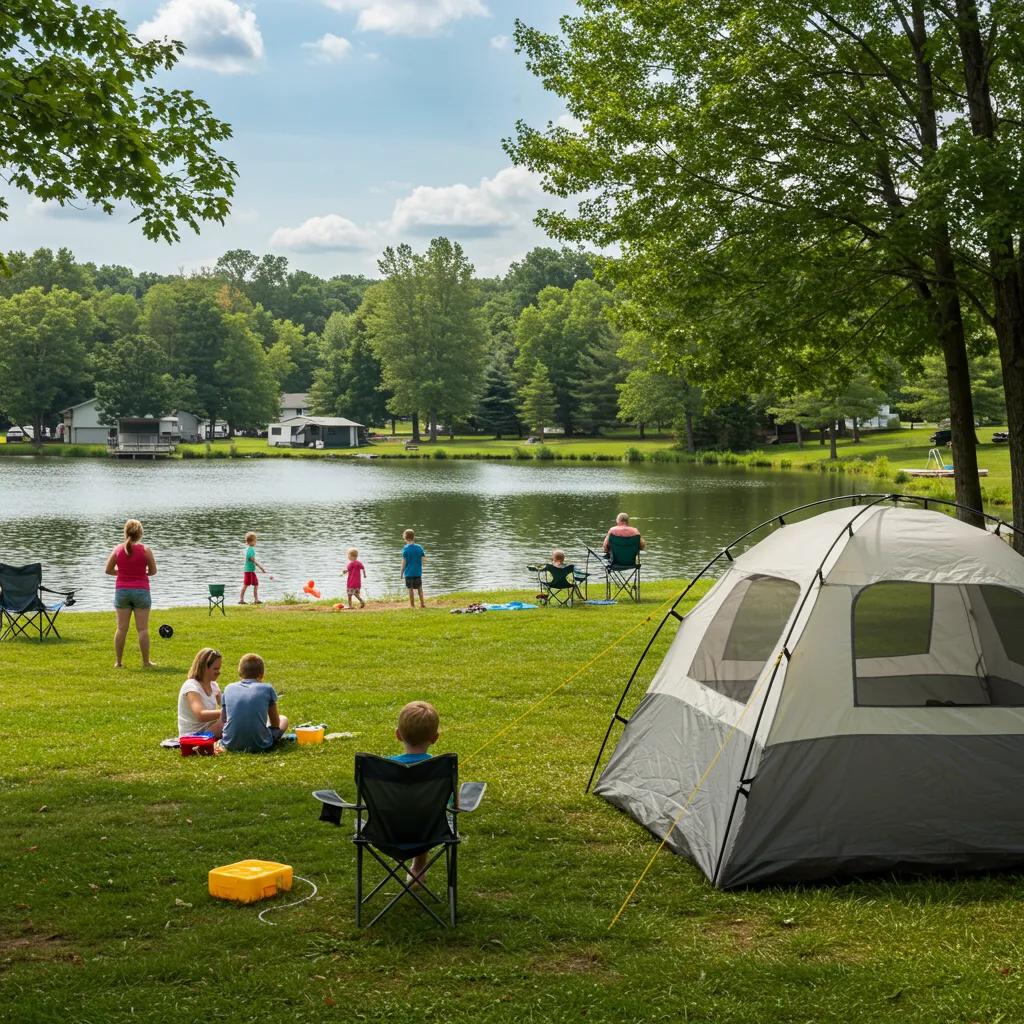 Family camping at a scenic Ohio campground with a tent by a lake