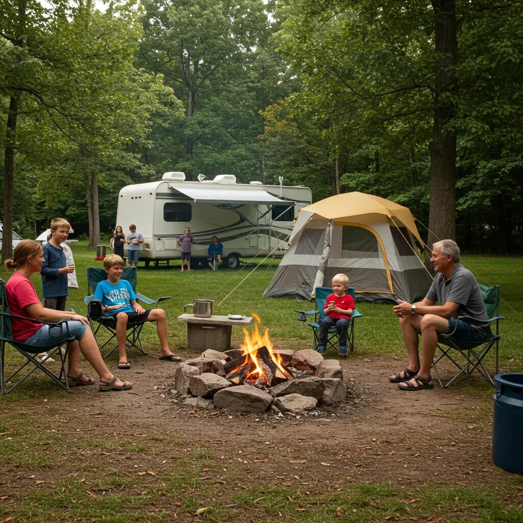 Family camping at an Ohio campground, enjoying nature and outdoor activities
