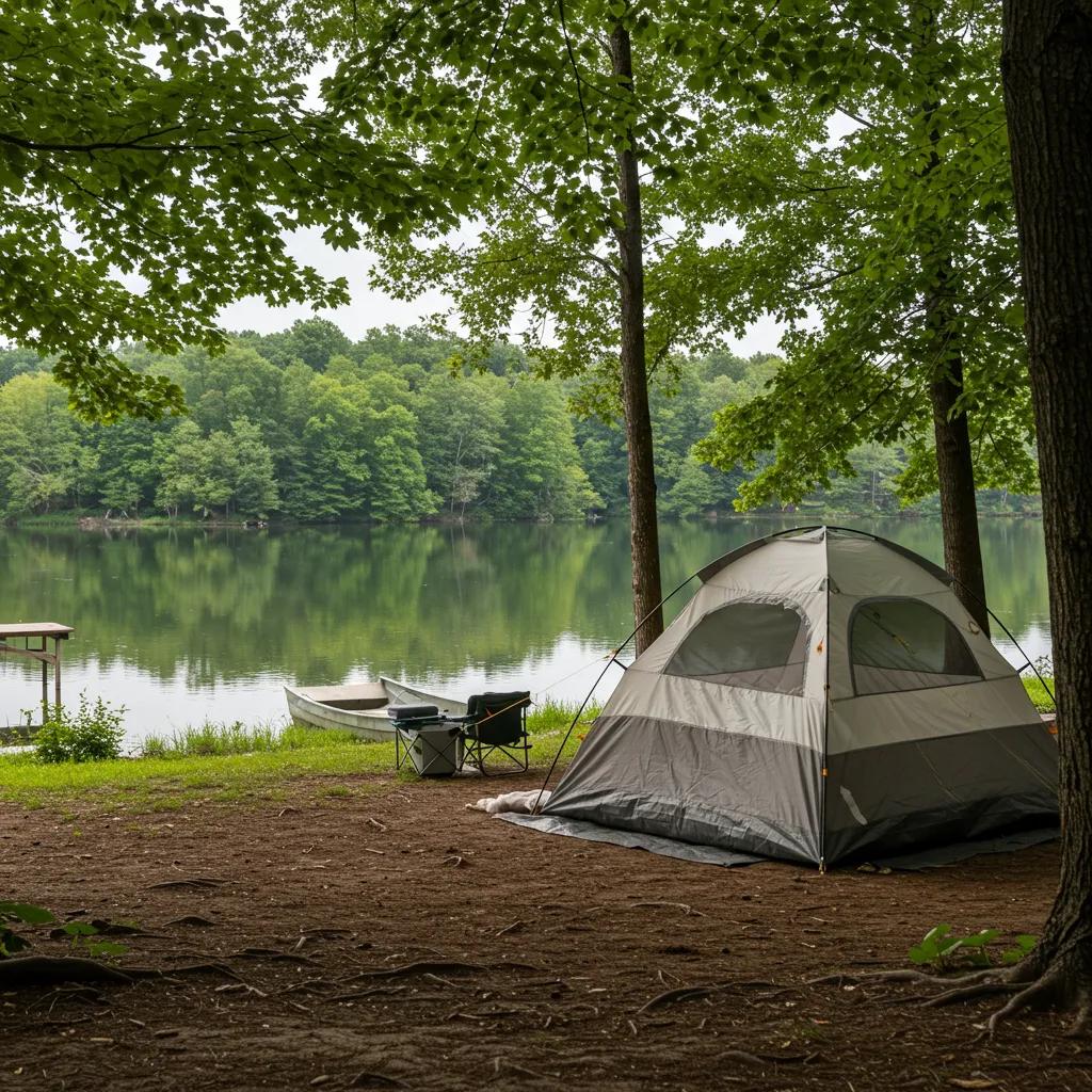 Family camping at an Ohio State Park with a tent by a lake surrounded by trees