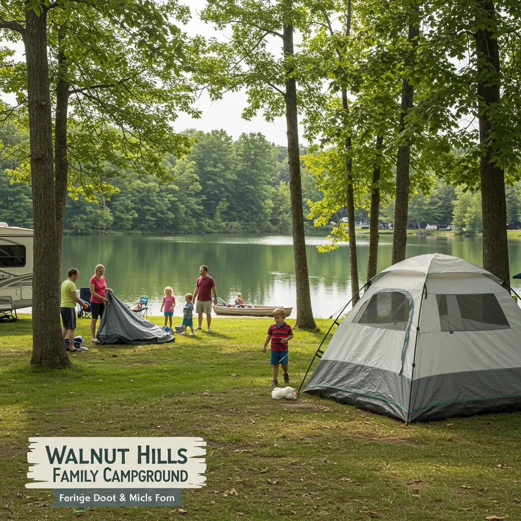 Family camping at Walnut Hills Family Campground in Michigan, showcasing a joyful outdoor experience