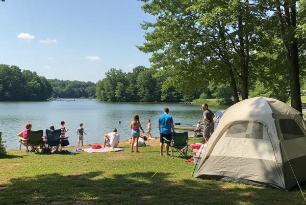 Family camping by a lakeside in Ohio during summer, showcasing tents and children playing