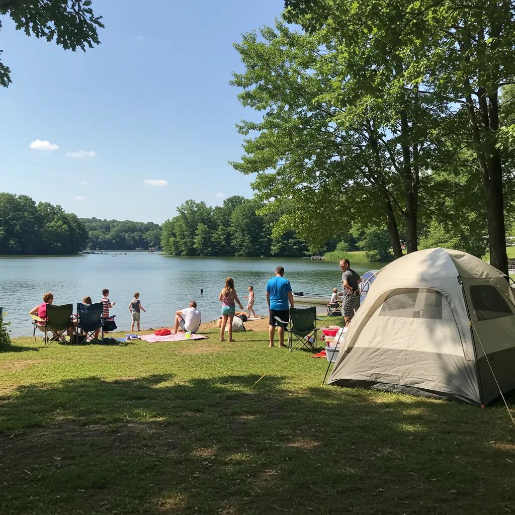 Family camping by a lakeside in Ohio during summer, showcasing tents and children playing