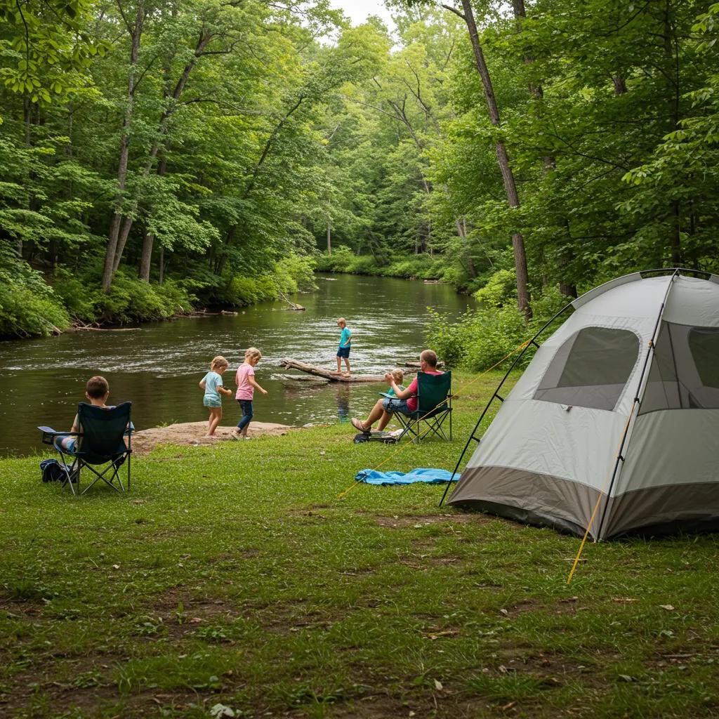 Family camping in a secluded Michigan campground with a tent by a tranquil river